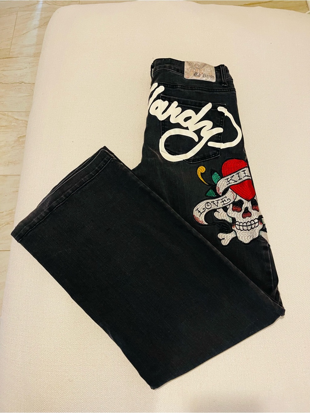 Women’s Ed Hardy Wide Leg Kills Love Slowly Skull Embroidery Black Jeans Sz 28
